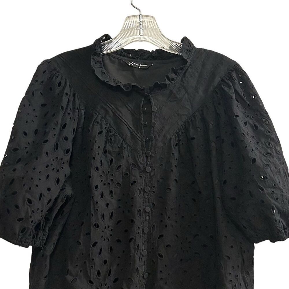 PrettyGarden Women's Black Embroidered‎ Blouse L Long Puff Sleeve - Picture 3 of 14